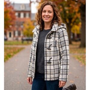 Old Navy Womens Tartan Plaid Wool Hooded Duffle Coat Jacket XL Toggle Academia